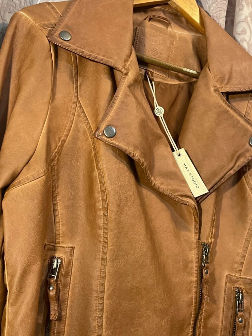 NWT Max Studio Large Women's Cognac Everyday Casual Faux Leather Moto Jacket - Picture 13 of 16